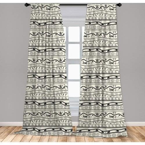 African Curtain Doodle Style Composition of Cave Paintings Hunting Tale Folklore Window Curtain Living Room Bedroom