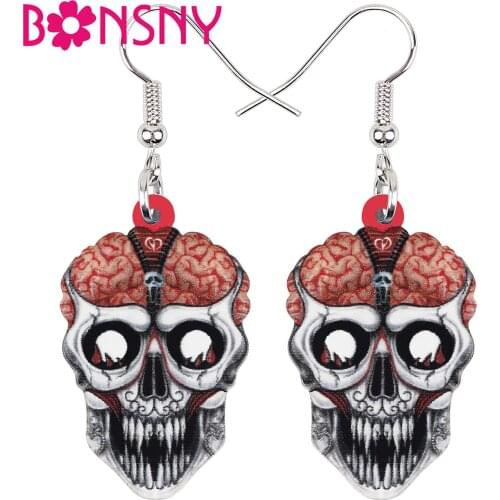 BONSNY Halloween Acrylic Horrror Brain Plasma Teeth Skull Earrings Fashion Big Drop Dangle Charm Gifts Jewelry For Women Girls