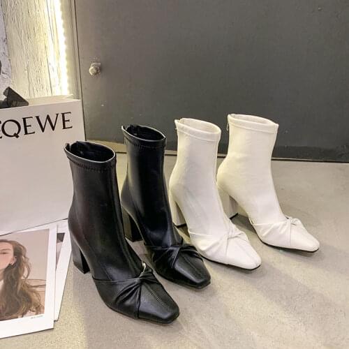 Martin Boots Female British Style 2021 Spring and Autumn Single Boots Square Toe Thick Heel Net Red Thin High Heels Short Boots