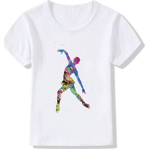 Watercolor ice skating girl print design kids t shirt cute summer top girls clothes white DIY custom tshirt child t-shirts