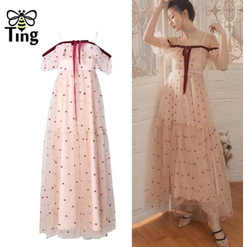 Tingfly Fashion Star Embroidery Summer Slash Neck Mesh Party Dinner Dresses Cold Shoulder Ruffles A Line Long Dress Elbise Sweet