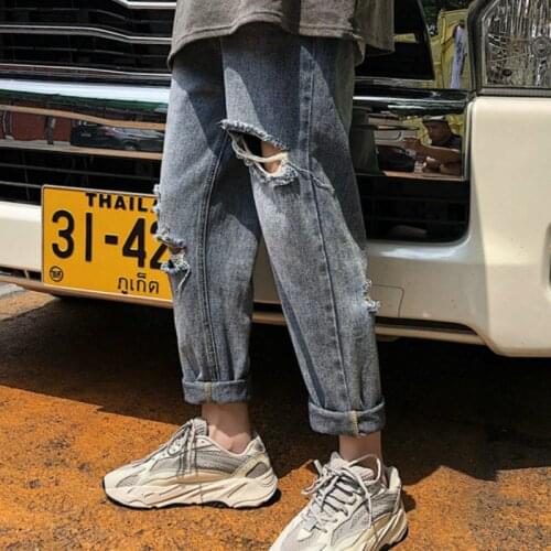 Jeans Ripped Mens Pants Straight Loose Capri-Pants Korean Blue Jeans Casual Male Hiphop Fashion Streetwear Distressed Jeans