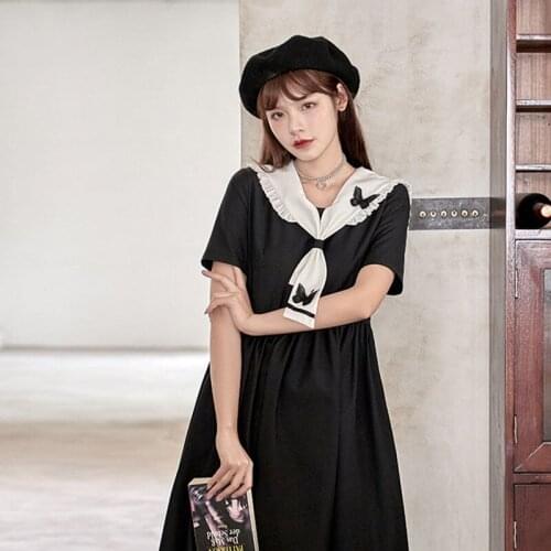 Harajuku Sailor Collar Navy Dress Student Girl JK Uniform Retro Cotton Kawaii Preppy Style Short Sleeve Bodycon Dress for Women