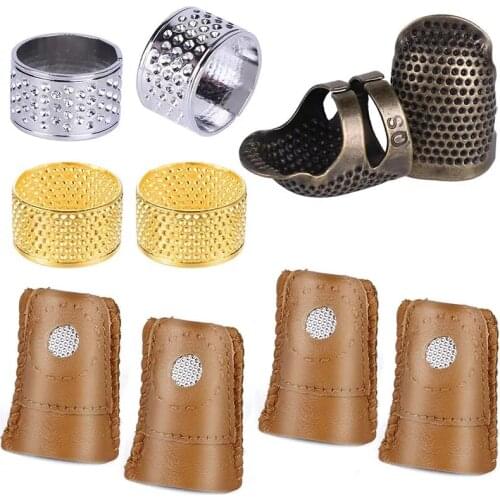 Imzay 10PCS Thimble And Finger Protector, 3 Color Metal Thimble, Copper Sewing Thimble With 4 Pcs Leather Finger Protector