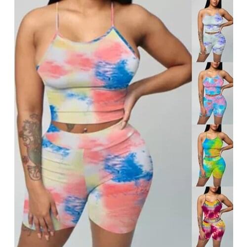 Tie-dye Yoga Set Women Summer Fashion Sleeveless Printed Casual Tank Tops and Shorts Skinny Two-piece Sets Sports Set Plus Size