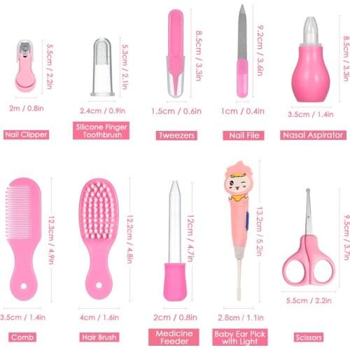 10 PCS Baby Healthcare and Grooming Kit with Newborn Infant Ear Pick Comb Nail Clipper Food Feeder Shower Care Nursery Set