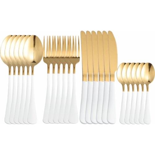 24Pcs White Gold Stainless Steel Cutlery Tableware Set Dinnerware Dinner Flatware Set Party Forks Knives Spoons Set Silverware