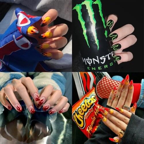 24pcs Punk Pointed Flame False Nails Europe Press On Nail Tip Tools Detachable waterproof Wearing Nail Art 2020 New Design