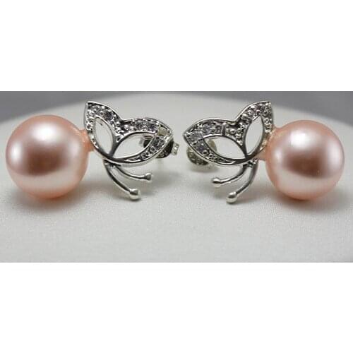 Wholesale fashion jewelry Elegant pink 8mm shell pearl with butterfly silver plated Earring #207