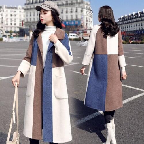 Autumn Winter Jackets New Womens Thicken Loose Korean Grid Color matching Woolen coat Long Woolen coat Trench coats Overcoat
