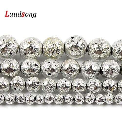 Silver Plated Natural Hematite Beads Lava Volcanic Rock Stone Beads For Jewelry Making Handmade Bracelet DIY 15’’ 4-10mm
