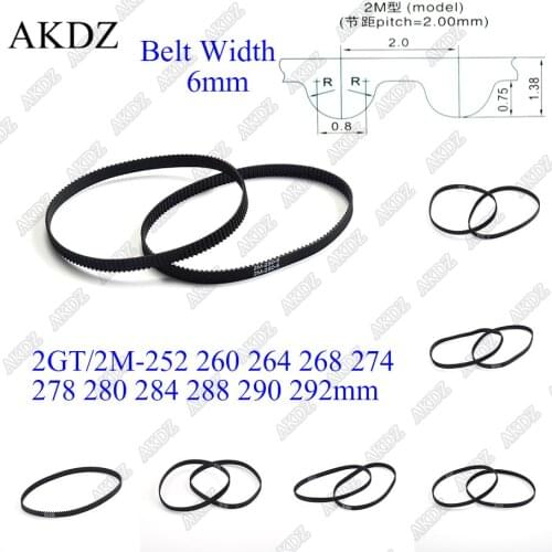 2MGT 2M 2GT Synchronous Timing belt Pitch length 252 260 264 268 274 278 280 284 288 290 292 width 6mm Rubber closed