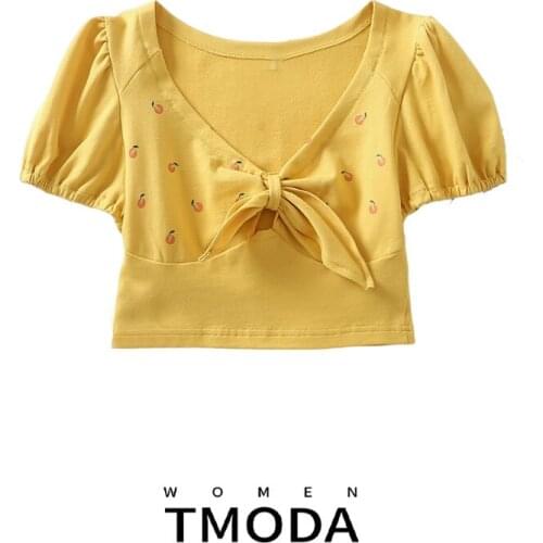 TMODA1383 Za 2021 Women Fruit Print Crop T Shirt Short Sleeve V Neck Tees Ladies Casual Chic Tee Shirt Street Wear Tops Female