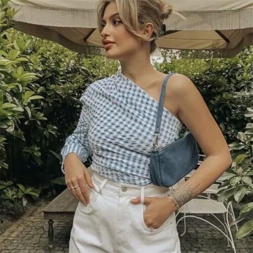 Evfer Women Fashion Spring Summer Za Skew Collar Blue Plaid Shirts Chic Lady Casual Single Long Sleeve Back Buttons Pleated Tops