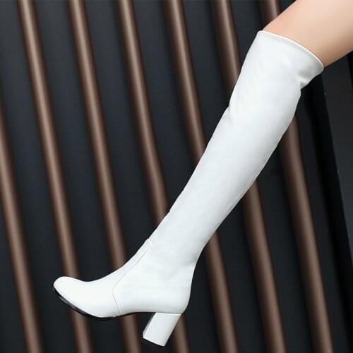 2021 Fashion Knee High Boots Womens Winter Boots Thick High Heel Long Boots Round Slip On Spring Autumn Shoes Woman Black White