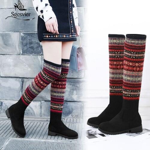 Sgesvier 2020 new arrival thigh high boots women round toe print autumn Stretch boots fashion square heels casual shoes woman