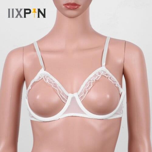 #S-XL Womens Erotic See Through Sheer Mesh Lingerie Adjustable Spaghetti Shoulder Straps Bare Breast Ruffles Underwired Bra Top