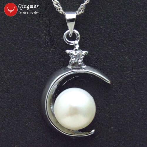 Qingmos 18mm Moon Pendant Necklace for Women with 9-10mm Flat Round Natural White Pearl Necklace 17" Chain Chokers 17" Jewelry