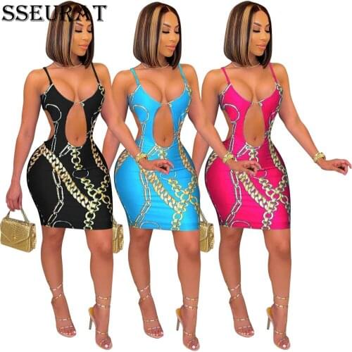 SSEURAT Women Dress Fashion Sexy Hollow-out Print Halter Dress Summer Women Sleeveless Slim Party Night Dress