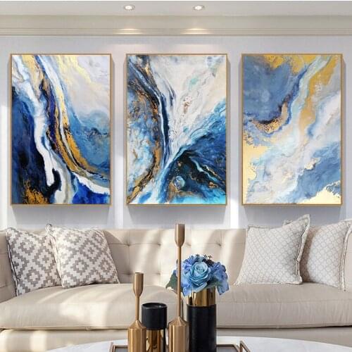 3 Pieces Framed Canvas Blue Abstract Painting For Living Room Home Decoration Wall Art Pictures