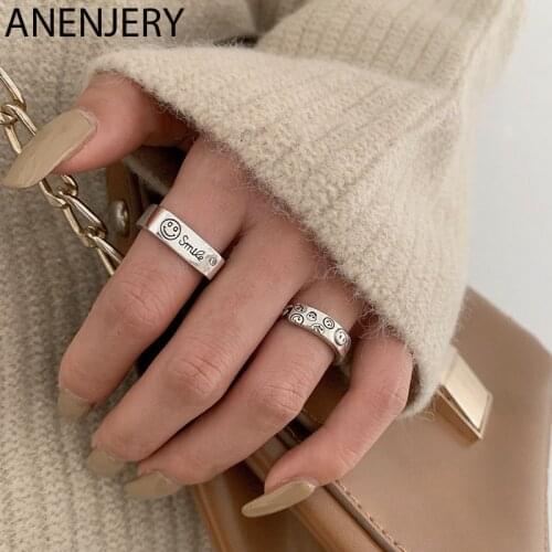ANENJERY 925 Sterling Silver Personality Smiling Face Square Thai Silver Ring For Women Width Finger Ring New Arrival S-R671