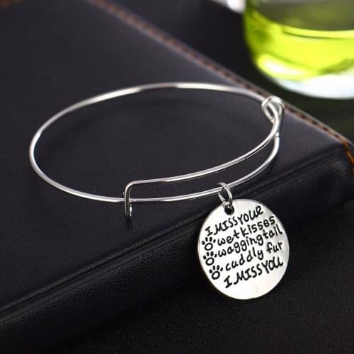 "I Miss Your Wet Kisses Wagging Tail" Memory Bangle Charm Bracelet For Pet Dog Loss Jewelry Pendants Paw Print Gifts Women Men