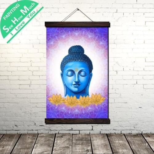 Buddha Blue Design Scroll Painting Canvas Vintage Poster and Prints Wall Art Pictures Living Room Bedroom Farmhouse Decoration