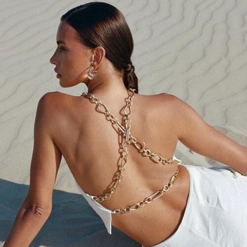 Women Sexy Chain Strap Camisole, Sleeveless Cross Backless Solid Color Crop Cami Tops