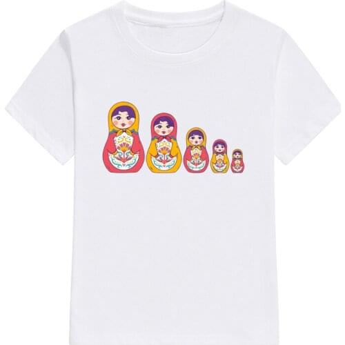 Childrens 100% Cotton T Shirts Family Clothing Set Matryoshka Printing Short Sleeve T-Shirt Tops Fashion Boys White Tees