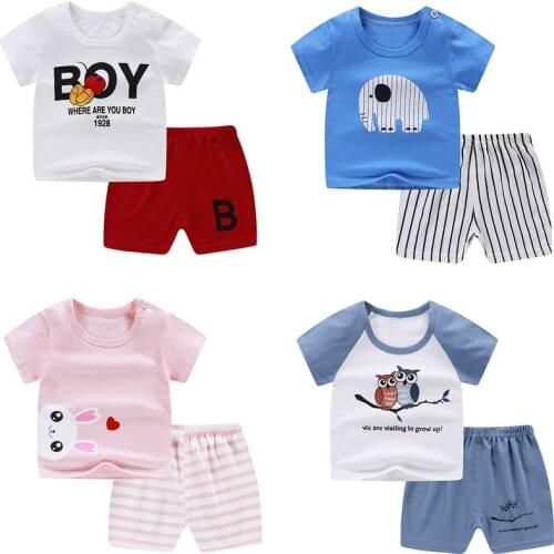 Summer Baby Boy and Girl T-shirt +Pants Two-piece Set for Children Outfits Cotton Animal Stripe Print Kids Clothes for 6M-5Y