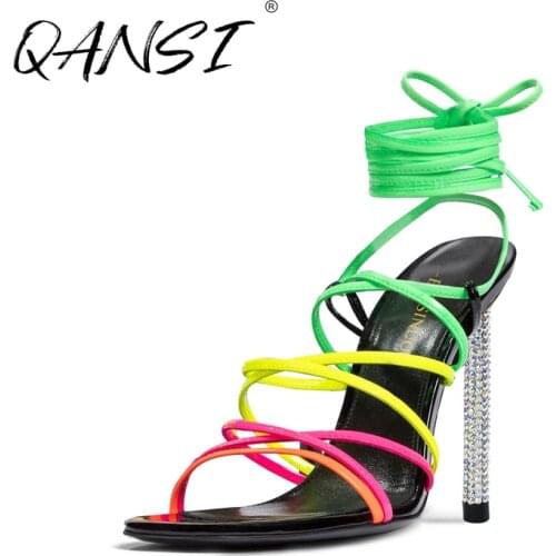 Handmade Summer Color Cross Tied High Heel Womens Sandals Mixed Color Narrow Band Sandals Women Rhinestone Stiletto Sandals