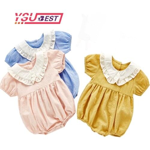 2020 Summer Girl Bodysuit Paragraph Female Baby Doll Collar Short-sleeved Plaid Skirt Ha Climbing Clothes Bodysuit+ Hair Band