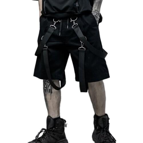 New Hip Hop Summer Mens Black Ribbons Streetwear Bermuda Multi-Pockets Shorts Male Punk Casual Knee Length Short SweatPants