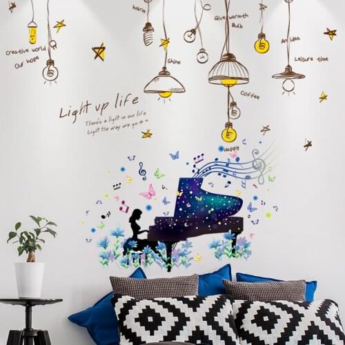 [shijuekongjian] Cartoon Girl Piano Wall Stickers DIY Chandelier Lights Wall Decals for House Kids Rooms Baby Bedroom Decoration