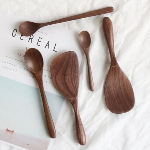 New Black Walnut Coffee Honey Spoon Wooden Japanese Style Long Stir Scoop Large Soup Rice Spoon Kitchen Tableware