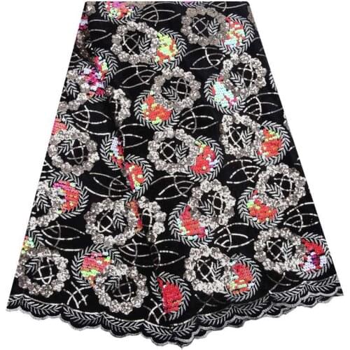 Latest Black Sequins Lace Fabric African Nigerian Tulle Embroidery Lace Fabric For Wedding Velvet Lace Fabric With Sequins S1753