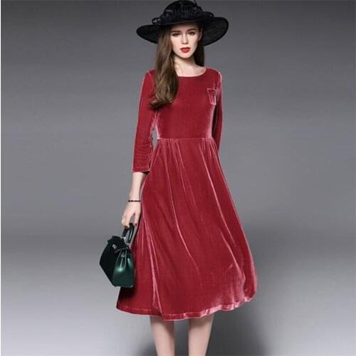 Autumn Winter A-line Elegant Dress Woman Casual Large Size M-5XL 6XL 7XL Solid Color O-neck Dress Ladies Gold Velvet 2020 Velour