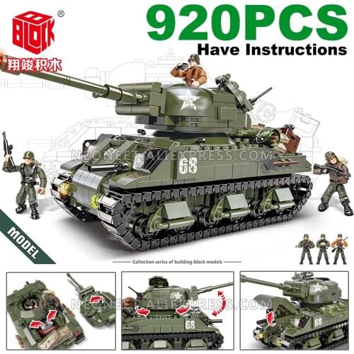 Fit MiniFigures Mega Bloks WWII Military Army Soldier T-34/85 M26 M4 Tiger Tank Lot Building Blocks Toys Model Weapon Set Lot