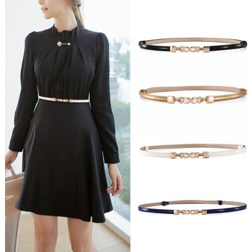 Adjustable Skinny Belt for Female Narrow Cowhide Waist Belt 2019 New Women Dress Strap with Pearls Gold Buckle Real Leather Belt