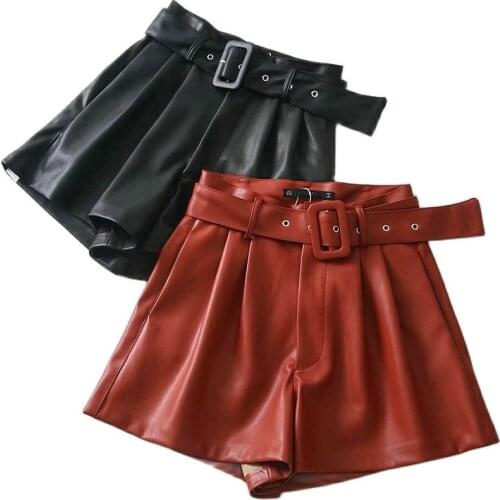 2021 Spring Autumn Women Casual Black Orange High Waist PU Shorts Belt Lady Sashes Wide Leg ZIpper Fly Loose Faux Leather Shorts