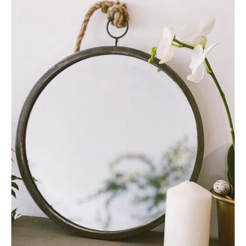 Rope Hanging Wall Round Mirror with Rustic Metal Frame