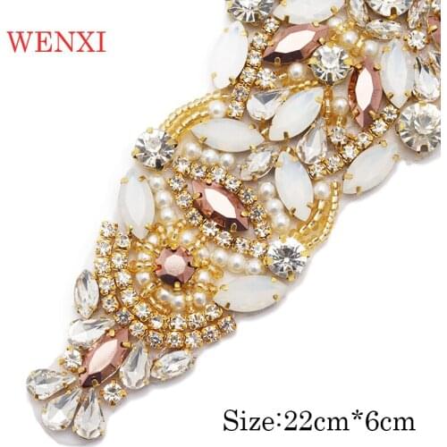 WENXI 30pcs Handmade Rose Gold Bride Rhinestones Appliques Banding Iron On Wedding Dress Belt Rose Gold Crystal Accessory WX928