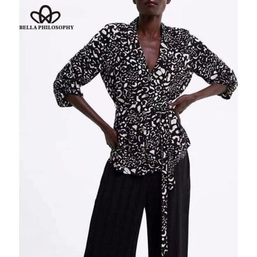 Bella Philosophy Spring Long Sleeve Leopard Blouse Shirts Animal Print Female Loose Blouse Casual Sashes Lady V-Neck Tops