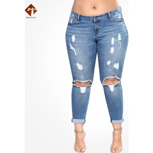 Women Casual Skinny Jeans High Waist Blue Denim Pencil Pants Ripped Hole Washed Women Plus Size Butt Push Up Pants 2021 Summer