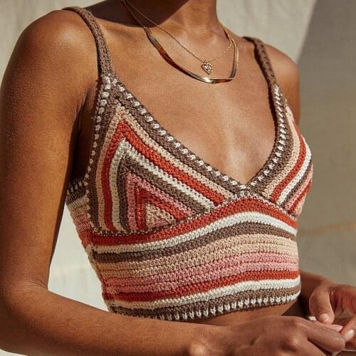 Colorful Striped Knitted Cami Top 90s Vintage Summer Beach Boho Sexy Sleeveless Spaghetti Strap Top Crop Women Y2K Aesthetic