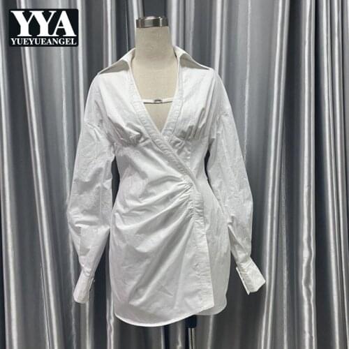 2021 Autumn New Sexy V-Neck Asymmetry Fashion White Shirt Dress Office Lady Korean Style High Street Solid Vintage Dress