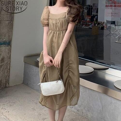 Sweet Square Collar Dress Good Quality 2021 Summer New Women Dress Short Puff Sleeve French Style Midi Long Dress Vestidos 14104