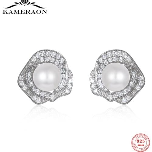 925 Sterling Silver Stud Earrings Rose Shaped Zircon Natural White Pearl Earrings Exquisite Stylish Fine Jewelry for Women