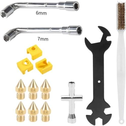 3D Printer 5 In 1 Wrench + Mini Cross + Nozzle Brush +6mm/7mm L Spanner +1.75mm Nozzle Head + Heater Block Cover for MK8 / MK10