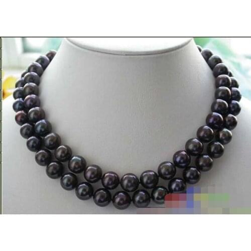 CB76 Beautiful 2ROW 11mm BLACK ROUND FRESHWATER PEARL NECKLACE